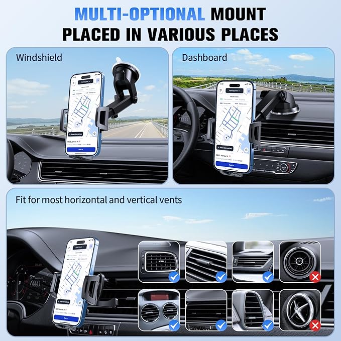 3 in 1 Car Phone Holder, Dashboard & Windshield & Vent Universal Car Mount Phone Holder for Your Car, Cell Phone Holder Truck for iPhone 16 15 Pro Max 14 Samsung, Matte Black