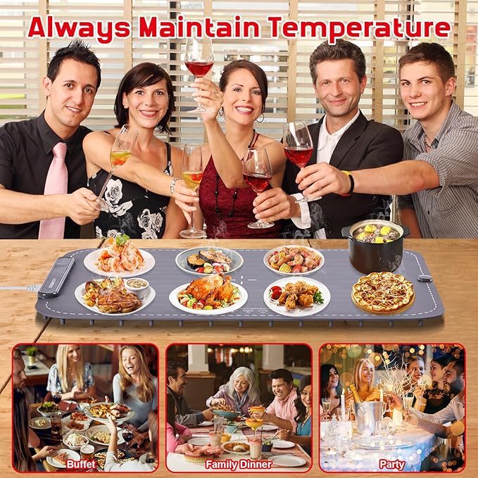 Warming Mat for Food,10s Rapid Warm Food Warming Mat,3-Temp Portable Food Warmer,Fast Heating Auto Shut Off Chafing Dishes For Buffet,Roll Up Food Warmers For Parties Buffet Roll-up Silicone Buckle