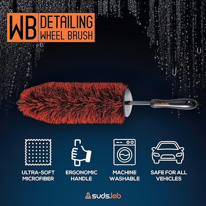 Suds Lab WB Premium Microfiber Detailing Wheel Brush for All Vehicle Types – 17.7" Ultra-Soft and Scratch-Free Reusable Rim, Wheel, and Tire Brush for Deep Cleaning