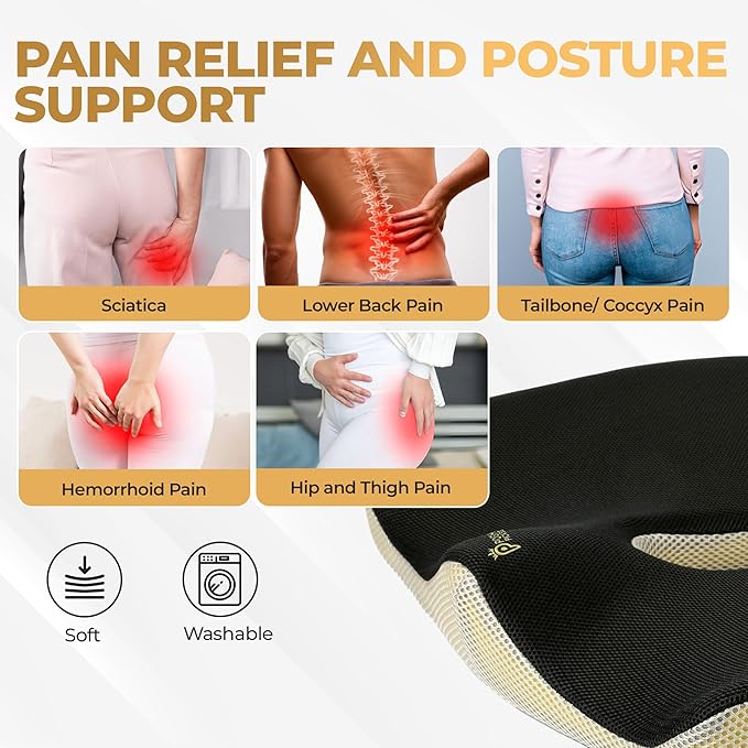 Patented 55D Memory Foam Seat Cushion– Ergonomic Office Chair Cushion for Sciatica Relief, Car Seat Cushion for Long Driving – Coccyx Pillow for Tailbone Pain, Pressure Relief for Hip, All Day Comfort