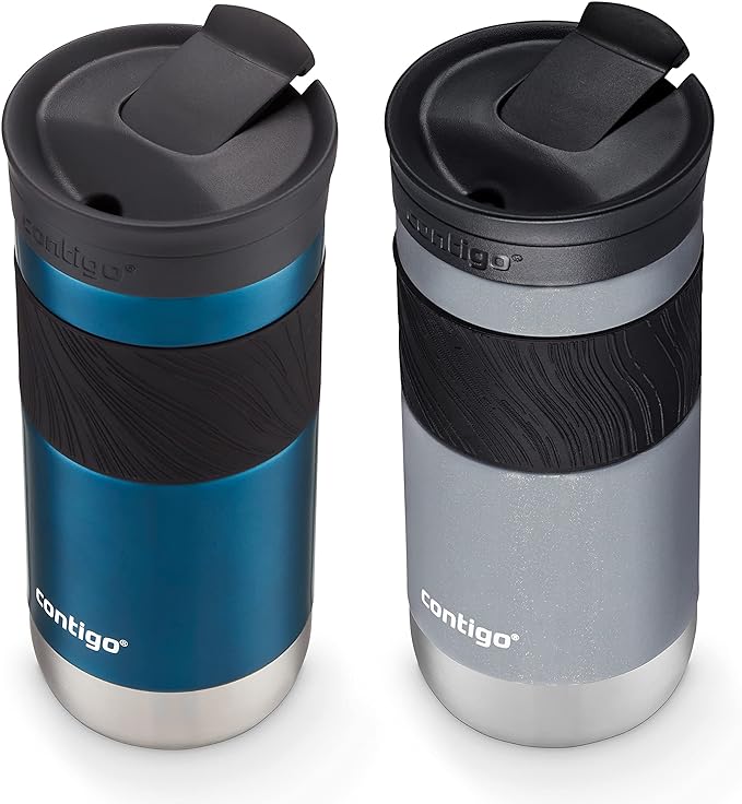 Contigo Byron 2.0 Snapseal Insulated Stainless Steel Travel Mug with Grip 2-pack, 16oz, Blueberry Satin & Gold Morel