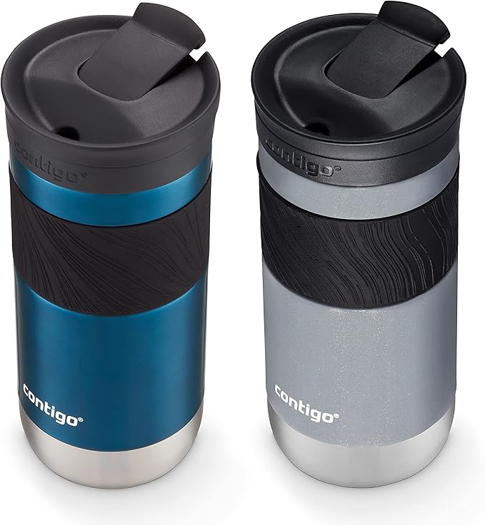 Contigo® SNAPSEAL™ Insulated Stainless Steel Travel Mug with Grip, 16oz., Blueberry Transparent Satin & Gold Morel (Pack of 4)