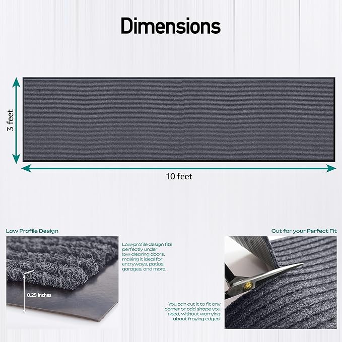 MaxMat® Industrial Grade Door Mat - Extra Large, Heavy Duty, Waterproof, Low-Profile, Easy to Clean Floor Mat (3 x 10 Feet, Grey, MXM-RIB0310GY)