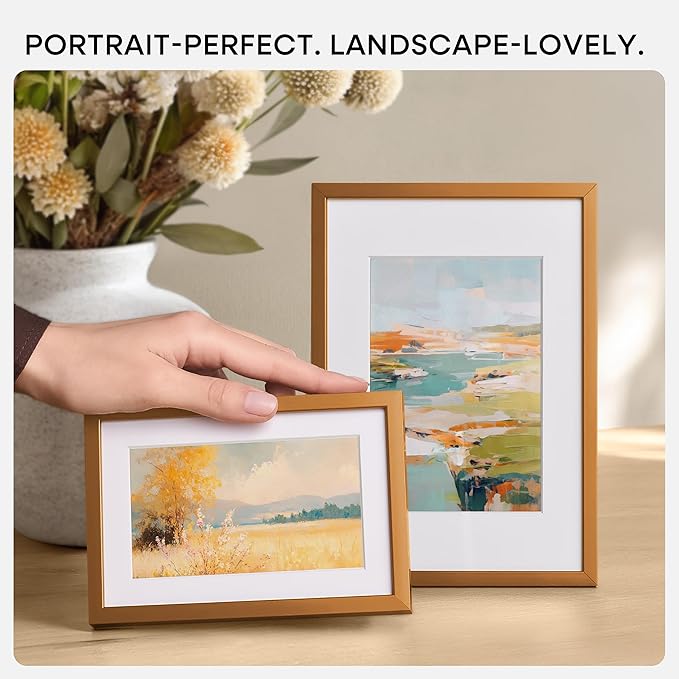 Homeforia 8.5x11 Picture Frame Bronze, High End Metal Brass Frame 8.5 x 11 with Mat 6 by 8 Photo, 11x8.5 Frames Matted to 6x8 Print, 8.5by11 Wall or Tabletop Frames, Tempered Glass, Wall Kit, Set of 3