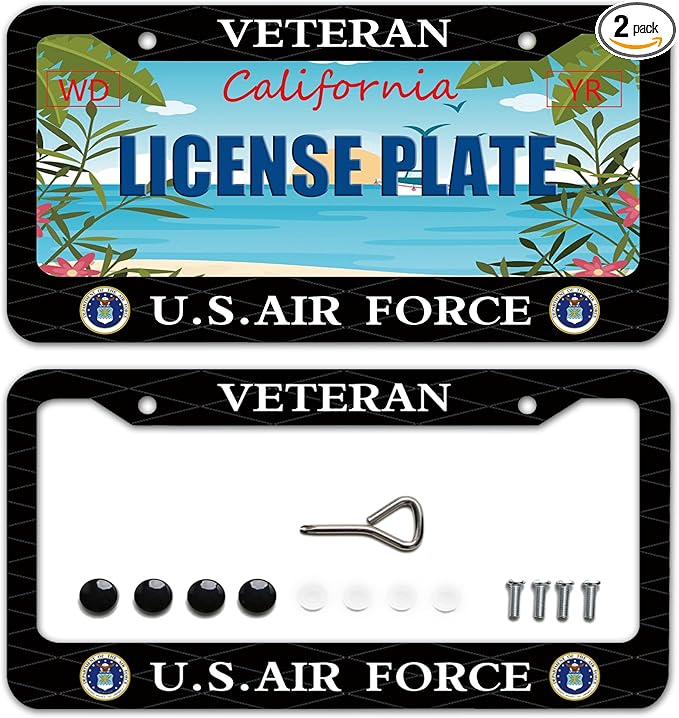 2 Pack Veteran US Air Force Design License Plate Frame USAF Decorative Stainless Steel Car License Plate Cover for Men Women Boys Girls Fans 12 X 6 Inch