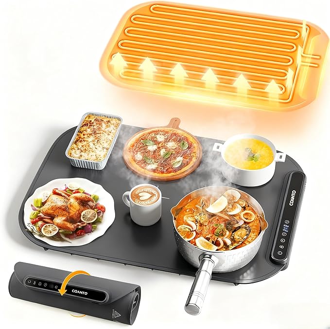 Food Warming Mat, Food Warmers for Parties Buffet, Silicone Heating Mat with 7 Temperature Settings, Roll-Up Storage, 17.91"x12.8", Grey