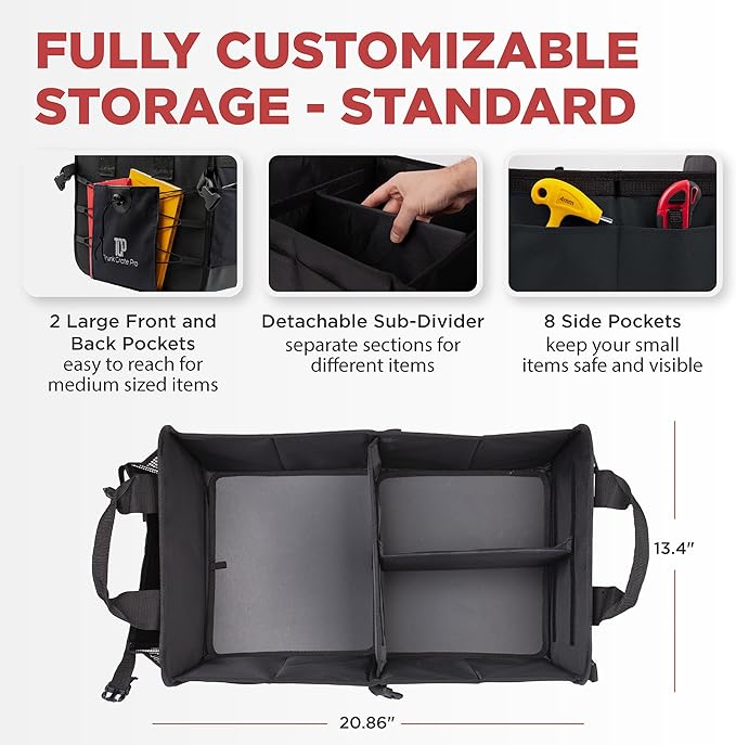 TRUNKCRATEPRO Car Organizers and Storage Premium Adjustable Multi Compartments Car Storage Organizer | Portable and Foldable SUV Trunk Organizer for Car (Standard size, black)
