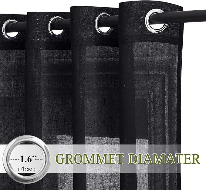 NICETOWN Black Curtains Linen Sheer Textured, Grommet Semi Sheer Linen Blend Bedroom Curtains Privacy with Light Through Window Treatment for Boys Room/Office, W52 x L90, 2 Pieces