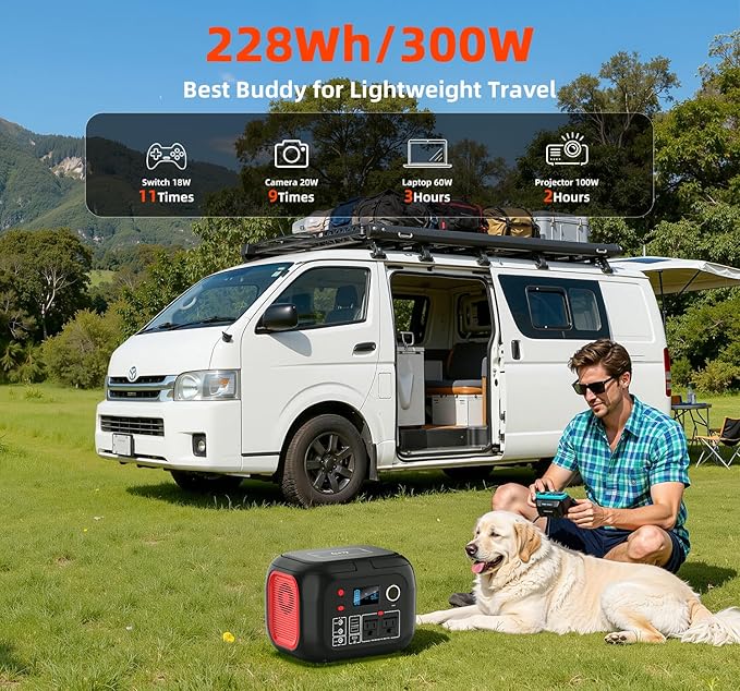 Portable Power Station 300W, 228Wh Solar Generator with 110V Pure Sine Wave AC Outlet, Backup Lithium Battery Generator for CPAP Outdoor RV Camping Emergency Home Use