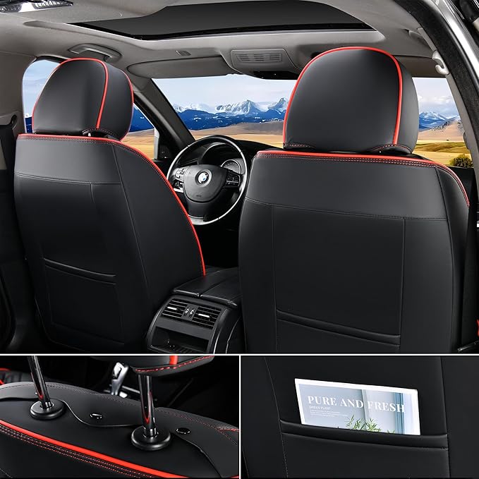 FLORICH Car Seat Covers, Front Seat Covers, 2 Pack Leather Seat Covers for Cars, Black and Red Car Seat Cushions Waterproof Automotive Driver Seat Covers Fit for Most Cars SUV Trucks