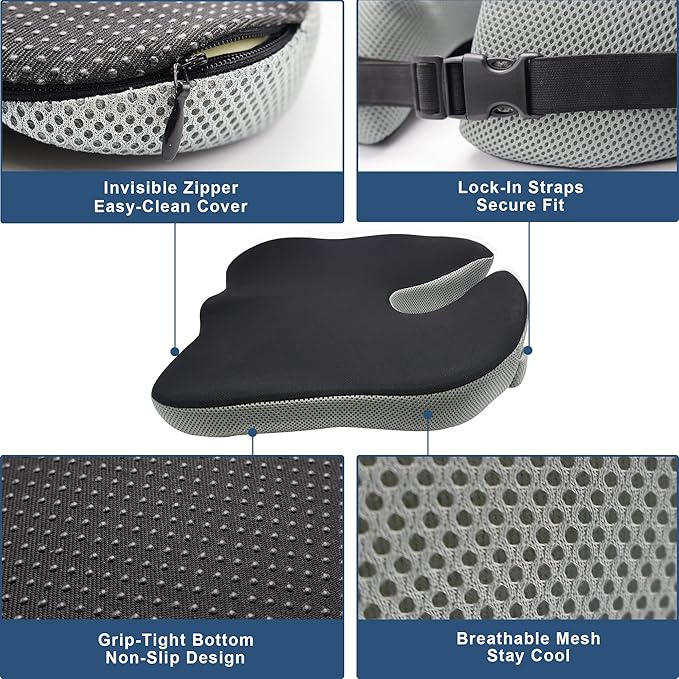 Wedge Seat Cushion for Car Truck Driver Office Chair, Memory Foam Seat Pillow with Non-Slip Bottom & Adjustable Strap for Sciatica Tailbone Pain Relief