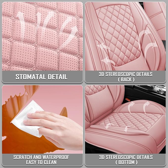 Premium Leather Car Seat Covers, Universal Fit for Cars SUVs Trucks and Sedans, Waterproof Car Seat Cushion with Airbag Compatible & Scratch-Resistant, Pink Seat Covers for 5 Seats