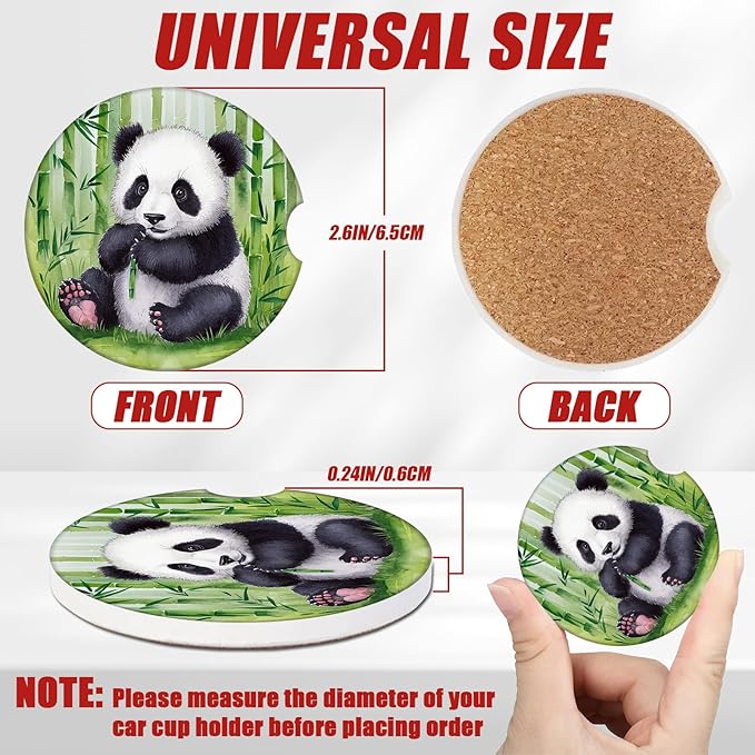 Cute Panda Car Coasters for Cup Holders, Absorbent Ceramic Car Coaster Car Cup Holder Coaster Car Accessories for Women Men (2 Pack)