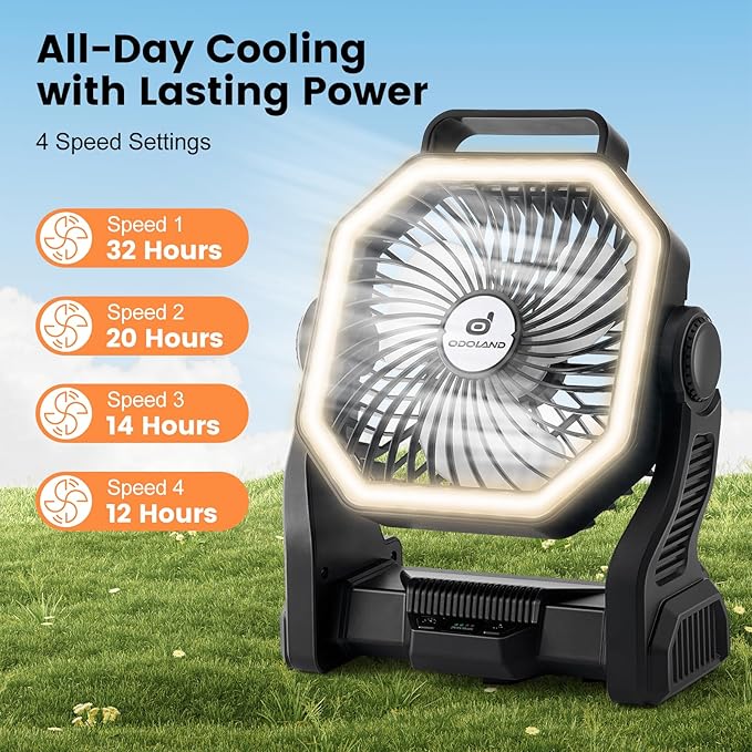 Odoland Rechargeable Camping Fan, 20000mAh Battery Fans with LED Lantern for Tent Car Beach Storm, Portable Light Desk Cooling Fan for Picnic Power Outage Hurricane, Black