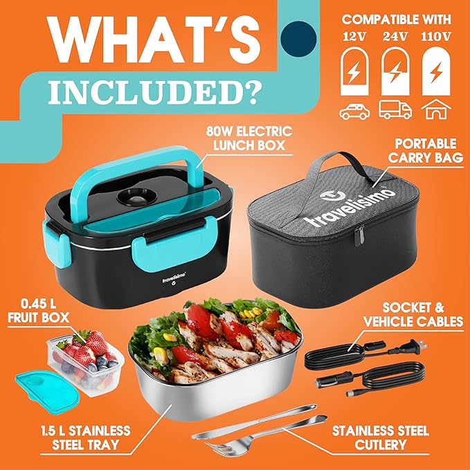TRAVELISIMO Electric Lunch Box for Adults, 80W Heated Lunch Box 1.5L Stainless Steel Portable Food Warmer, 12/24/110V Lonchera Electrica Portatil for Travel & Work, Loncheras para Hombres de Trabajo