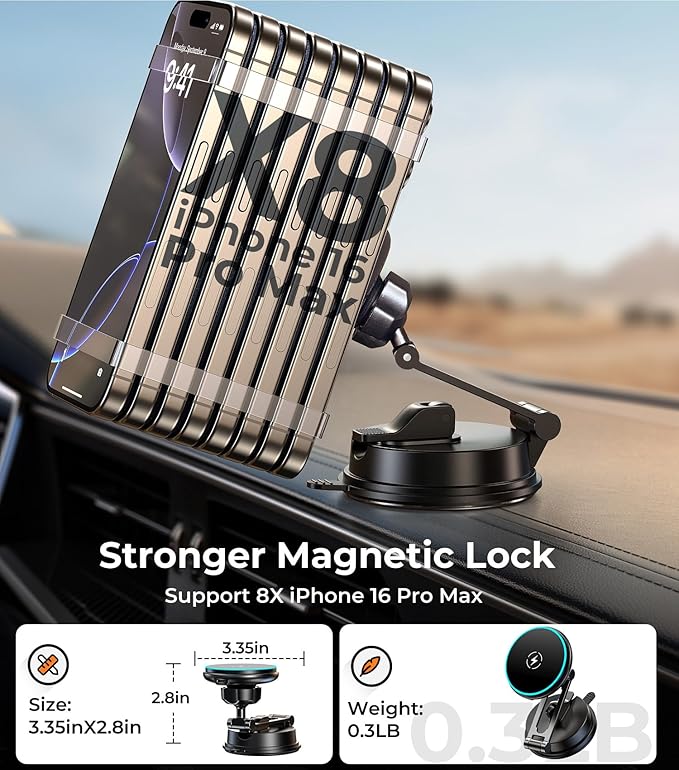 【Vacuum Suction Folding Car Mount】 Certified Qi2 Charger for MagSafe, 360° Adjustable Aluminum Alloy Arm, Phone Holder for Tesla/Car Rental/Gym/Mirror/Shower/Smooth Surface iPhone 16/15 Pro Max