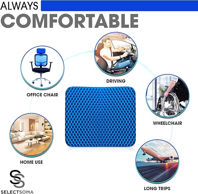 SelectSoma Double-Thick Gel Seat Cushion for Long Sitting Pressure Relief for Back, Sciatica, Coccyx, Tailbone Pain - Cushion for Office Chair, Wheelchair, Car & Truck, Patio Chairs - Egg Seat Pad