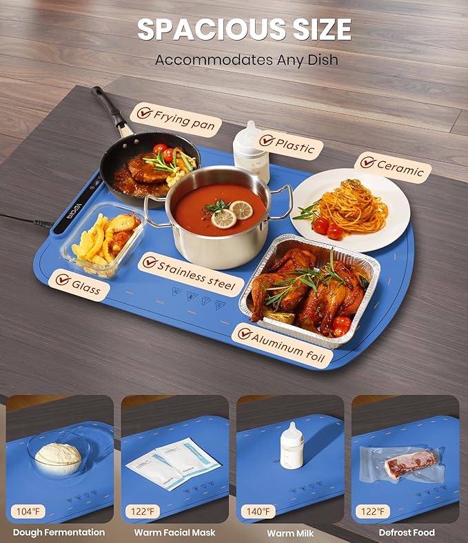 Warming Mat for Food, VEPOKA Food Warmer Mat for Countertop, Electric Warming Tray with 7 Temp Levels & Auto Shut-Off, Food Warmers for Parties, Ideal Gift for Kitchen & Buffet Use