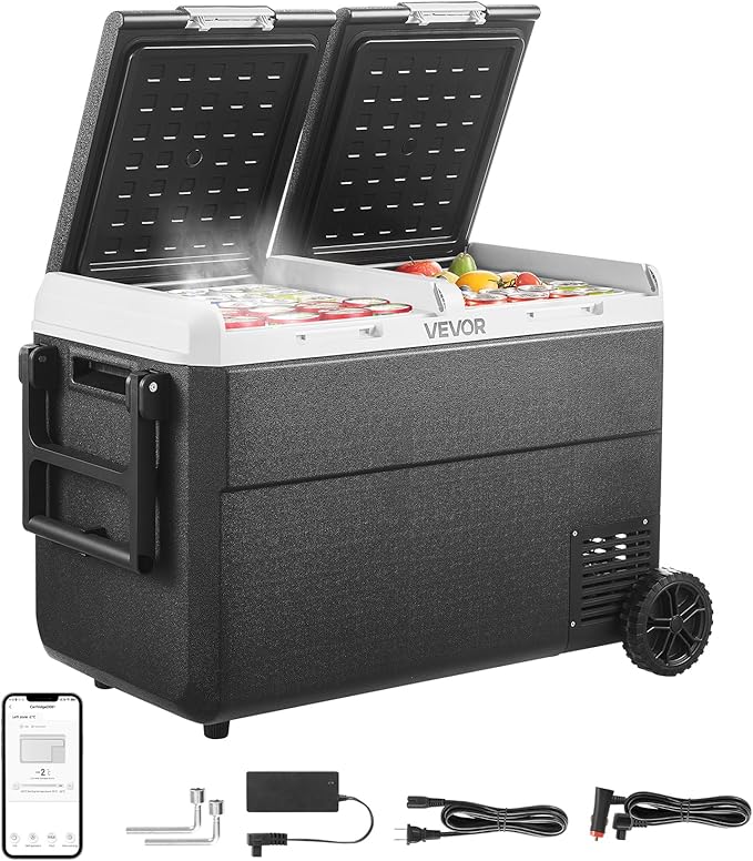 VEVOR 12 Volt Car Refrigerator, 100.4QT/95L Car Fridge, Dual Zone Portable Electric Cooler with Wheels and Handle, -4℉~68℉, 12/24V DC 100-240V AC Compressor Freezer for Outdoor, Camping, Travel, RV