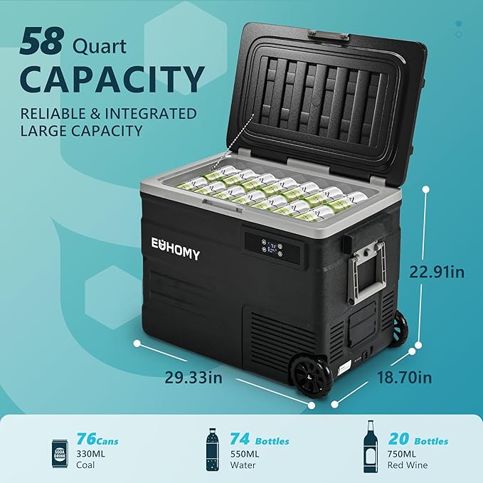 EUHOMY 12 Volt Refrigerator, 59QT(55L) 12V Fridge APP Control, Electric Cooler 12/24V DC 110-240V AC, Car Refrigerator 0℉~68℉, 12 Volt Cooler for Camping, Trip, Truck, Boating, Outdoor