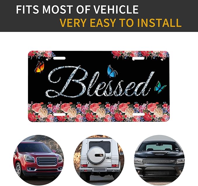 Front License Plate Blessed Glitter Floral Butterfly Vanity Plates Aluminum Metal Decorative Car Tag Novelty License Plate Cover for Men Women 6 * 12 in (4 Holes)