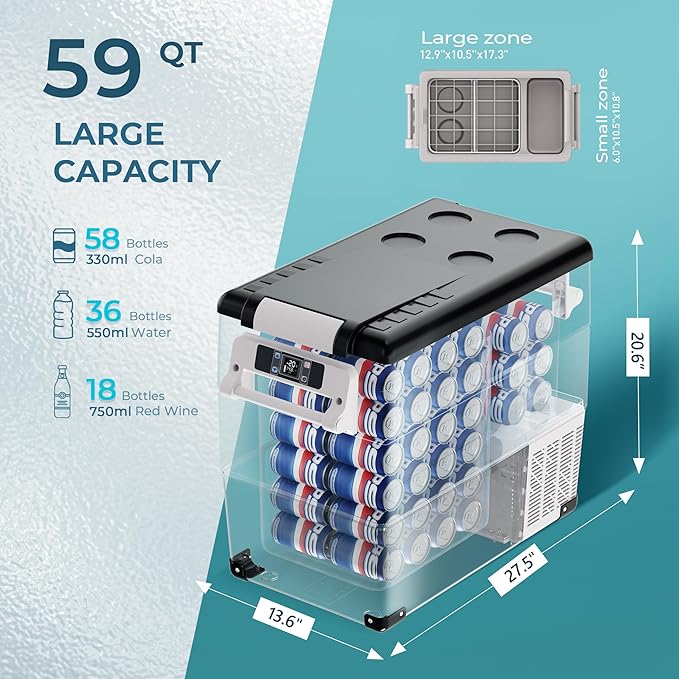 EUHOMY 12 Volt Refrigerator, 59QT(55L) Electric Cooler, 12V Fridge APP Control, 12V Cooler -4℉~68℉, Portable Freezer 12/24V DC 100-240V AC for Camping, Travel, Truck, Home