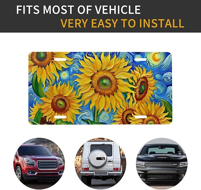 Front License Plate Sunflower Art Vanity Plates Aluminum Metal Decorative Car Tag Novelty License Plate Cover for Men Women 6 * 12 in (4 Holes)