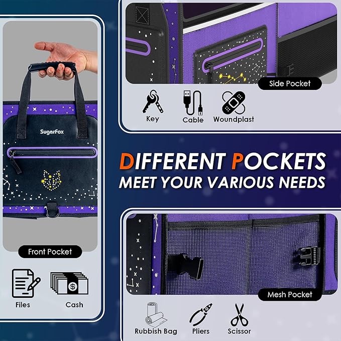 Car Trunk Organizer & Storage | 63L Capacity, 23.6"×13.8"×11.8" | Fluorescent Constellation Design | Waterproof, Collapsible with Adjustable Straps | for SUV, Small/Midsize Cars - Purple-M004