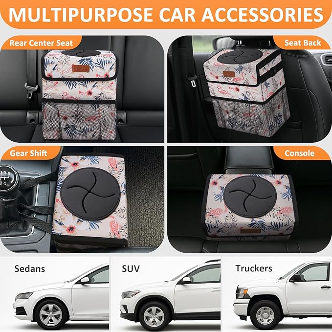 Cute Car Trash Can, Car Accessories for Women Interior Can Trash Bag Hanging Automotive Garbage Cans Pink Flamingo