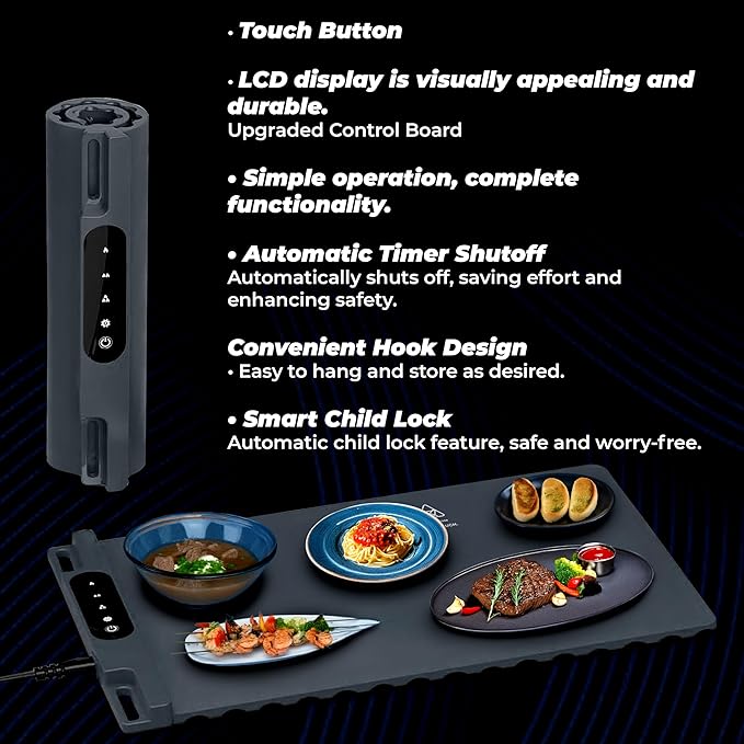 OMEO Food Warming Mat - Electric Warming Tray with 3 Temperature Settings and 1-4 Hours Timer, Full Surface Graphene Food Warmer, Premium Rollable Silicone Heating Mat Food, Gatherings, Parties(Grey)