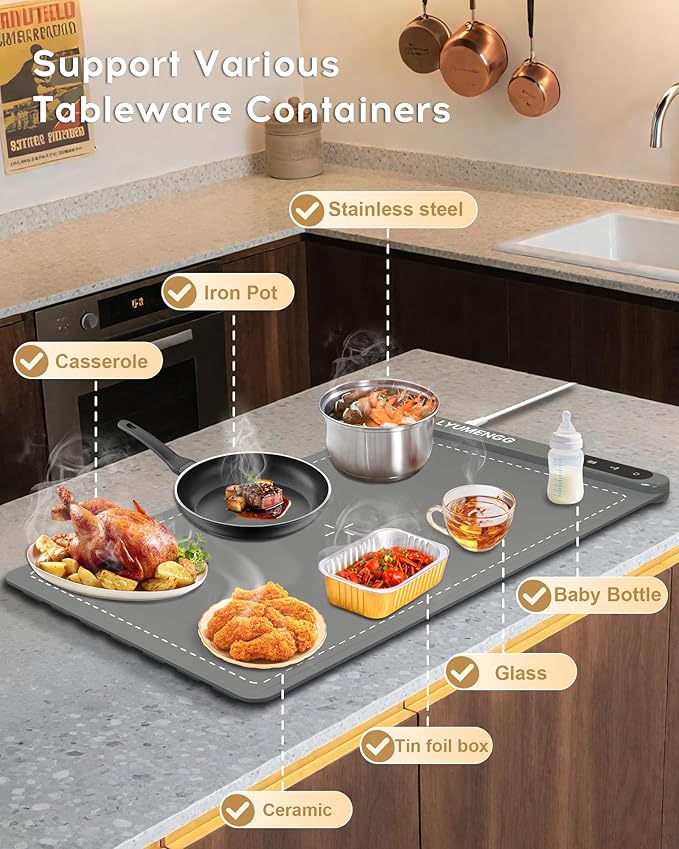 Warming Mat For Food 500W Graphene High-Tech 5s Rapid Food Warming Mat,6-Temp And 6h Timer Food Warmer,Auto Shut Off Chafing Dishes For Buffet,Roll Up Food Warmers For Parties Buffet Grey
