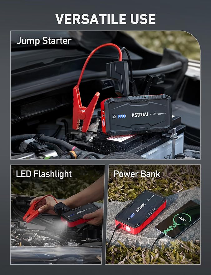 AstroAI S8 Car Battery Jump Starter, 1500A Peak Car Jumper Starter Battery Pack for Up to 6.0L Gas & 3.0L Diesel Engines, 12V Portable Jump Box with 3 Modes Flashlight and Jumper Cable (Red)
