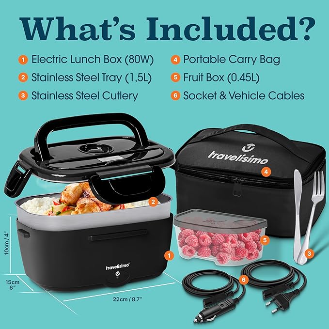 TRAVELISIMO Electric Lunch Box for Adults, 80W Heated Lunch Box 1.5L Stainless Steel Portable Food Warmer, 12/24/110V Lonchera Electrica Portatil for Travel & Work, Loncheras para Hombres de Trabajo