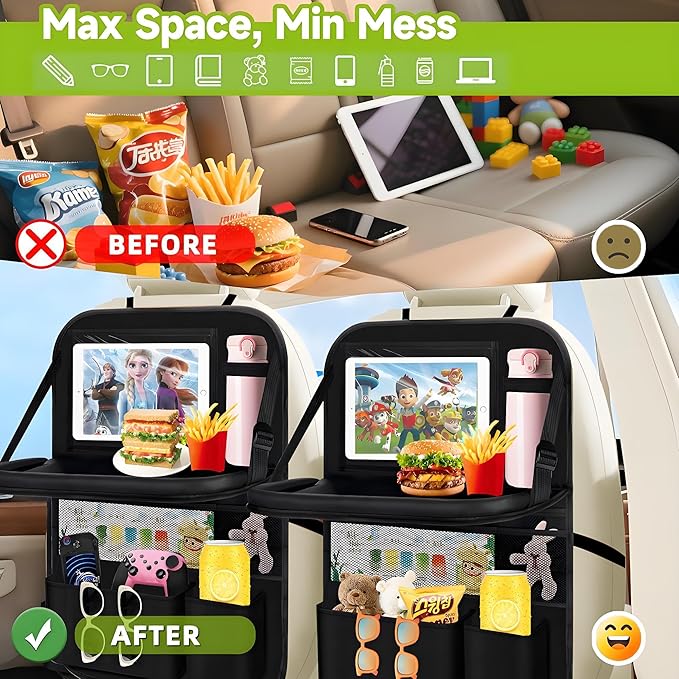 2PC Backseat Car Organizers with Foldable Tablet Holder &Touch Screen Tablet Holder -9+1 Storage Pockets Waterproof Kick Mats Back Seat Protector Car Organizers Road Trip Essentials