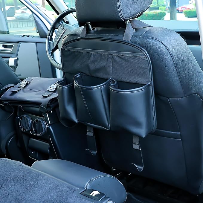 Amooca Car Backseat Organizer PU Leather Storage Bags Travel Accessories Large Pockets for Water Bottle Drink Tissue with Hooks
