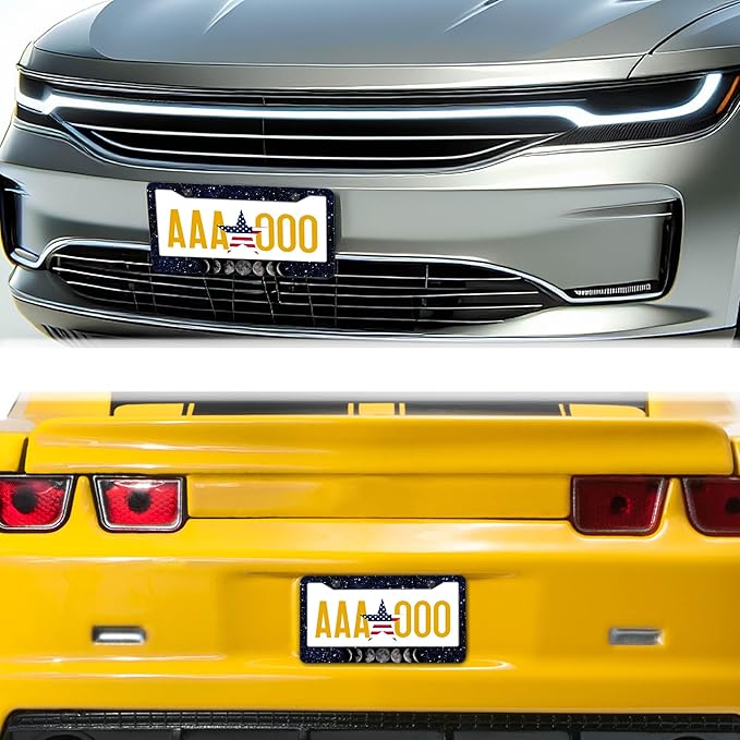 Automotive Exterior Accessories Black and White License Plate Frames Celestial Moon Phases Aluminum Metal Car Accessory 2 Pack with Screw Covers Set