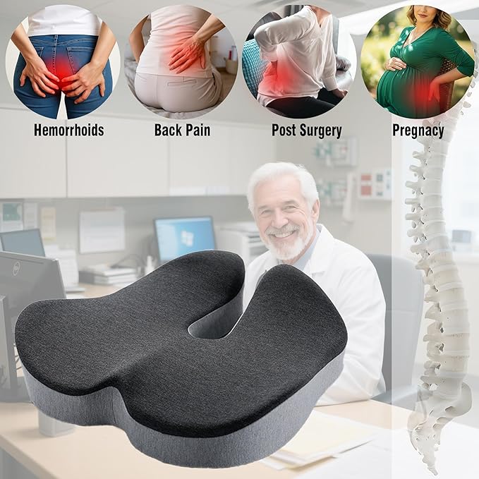 Memory Foam Seat Cushion for Office Chair Car, Home, Desk, Wheelchair Use, Ergonomic Chair Pad Portable Coccyx Cushion for Long Sitting, Tailbone & Sciatica Pain Relief (Black & Gray)