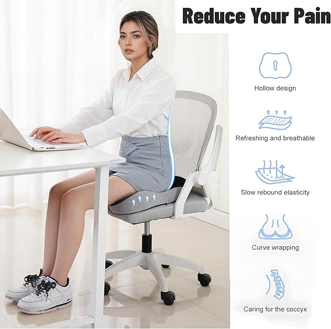 Memory Foam Seat Cushion for Office Chair Car, Home, Desk, Wheelchair Use, Ergonomic Chair Pad Portable Coccyx Cushion for Long Sitting, Tailbone & Sciatica Pain Relief (Black & Gray)