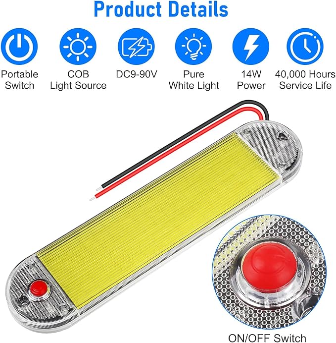 Linkstyle 2PCS 12V LED Interior Light Bar, 12V LED Light Strip with Switch, 108 COB 14W Lamp Beads for Car Truck RV Boat Cabinet Interior Lighting
