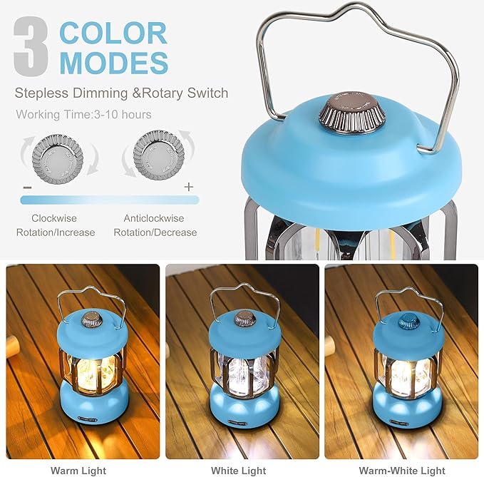 Rechargeable LED Camping Lanterns, Vintage Camping Lights Battery Operated, Portable Retro Metal Glamping Lights for Hiking, Hurricane, Decoration, Power outages, Blue, 2 Pack