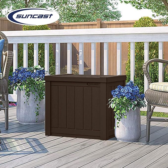 Suncast Small Outdoor Storage Box - 22 Gallon Java Resin Outdoor Deck Box, Flat-Lid Bench Seating, Patio Storage Bin Container for Organizing Tools, Cushions for Porch, Deck, Pool, & Garden