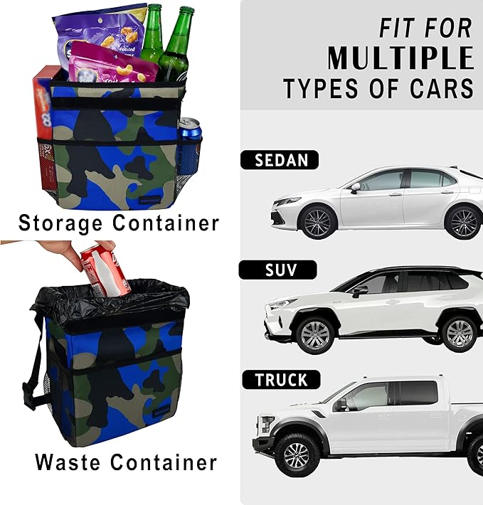 Cute Car Trash Can with Lid – Multipurpose Collapsible Trash Bin for Car, Leak-Proof Organizer, Waterproof Garbage Can with Storage Pockets & Adjustable Straps, 2 Gallons (Camo Blue)