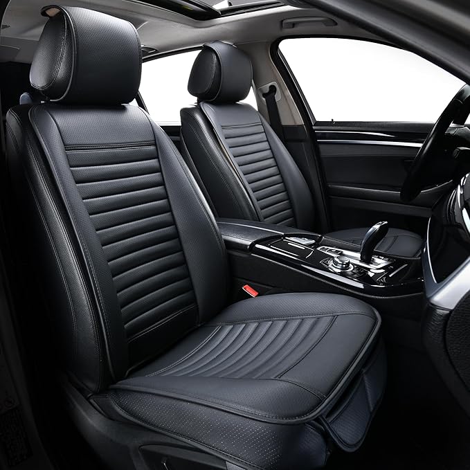 2pc Car Seat Covers, Luxury Car Protectors, Universal Anti-Slip Driver Seat Covers, Edge Wrapping Front Car Seat Covers with PU Leather(Black)