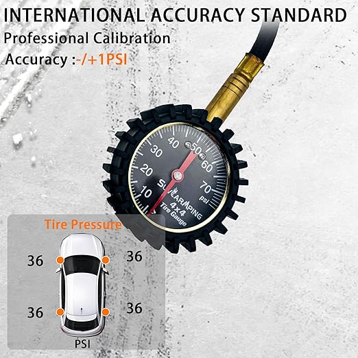 SUVCARMPING 100 PSI Tire Pressure Gauge Accurate Air Pressure Gauge (±2%), for Tires with Large Glow Dial, Valve Cap and Valve Core Tool, Black