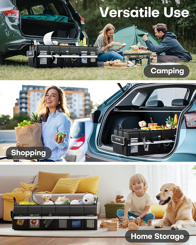 HOTOR Trunk Organizer - Car Organizer with Built-In Leakproof Car Cooler, Collapsible Trunk Organizer with Cooler for SUV, Sedan, with Base Panel (3 Compartments, Black),31.9"×12.6"×10.6"