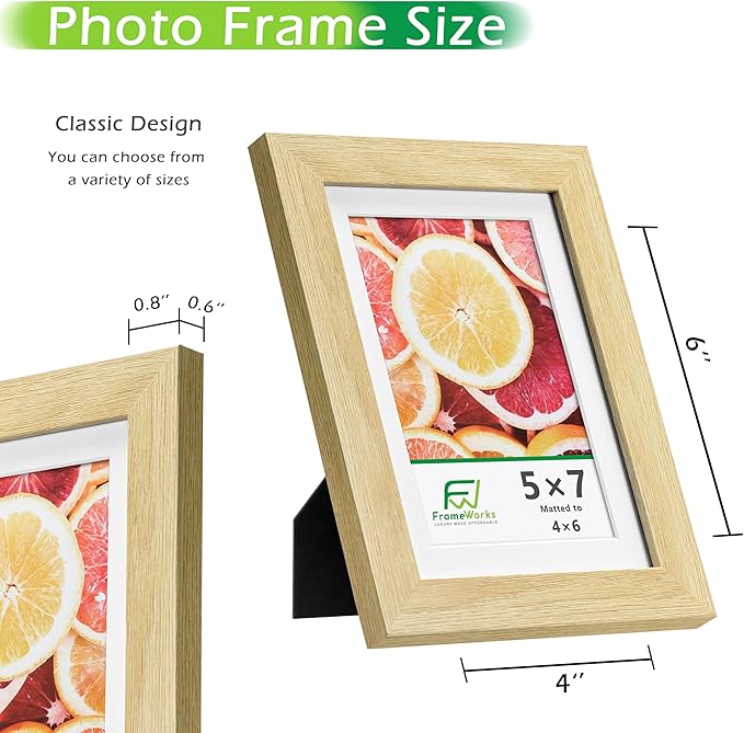 FrameWorks 2-Pack, 5x7 Matted to 4x6 Picture Frame, Natural Oak – Classic Wooden Photo Frame with Tempered Glass, Modern Matte Finish for Prints, Posters, Certificates & Wall Decor – Gallery-Ready