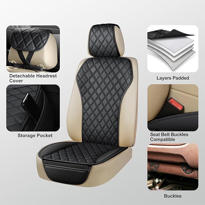 2PCS Leather Car Seat Covers, Front Seat Covers with Steering Wheel Cover and Two Seat Belt Pads, Waterproof Seat Protector for Cars Universal Fit 95% Vehicles (Black)