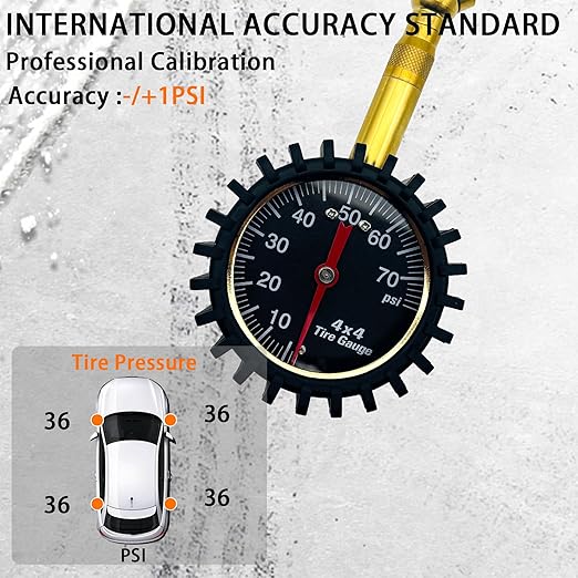 SUVCARMPING 60/70 PSI Tire Pressure Gauge Accurate Air Pressure Gauge (±1%), for Tires with Large Glow Dial, Valve Cap and Valve Core Tool, Black