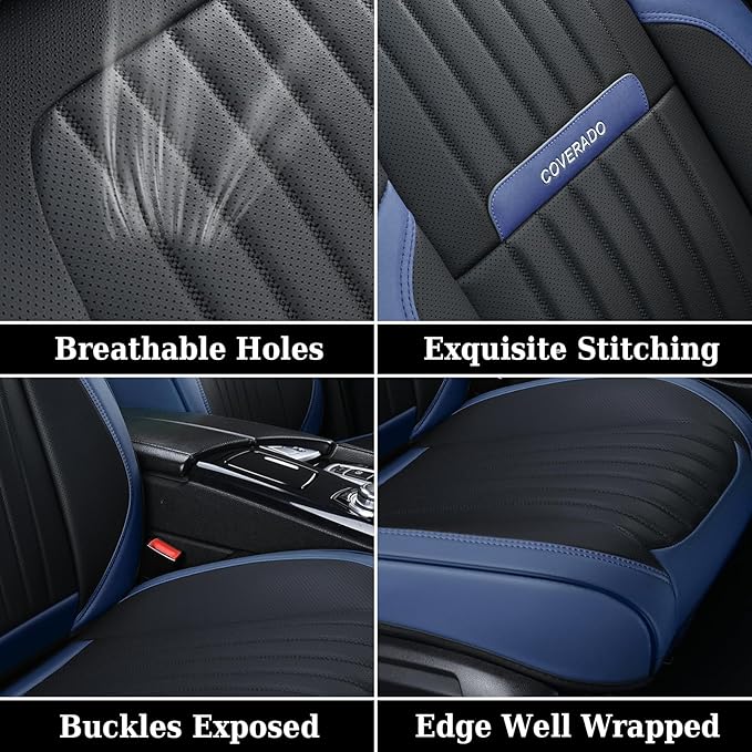 Coverado Car Seat Covers Front, Seat Covers for Cars, Waterproof 2-Pack Car Seat Cushions, Leather Carseat Seat Protectors, Universal Seat Covers Fit for Most Sedans SUV Pick-up Trucks(Blue&Black)