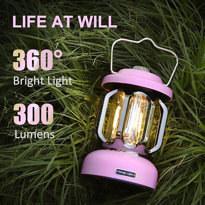 Rechargeable LED Camping Lanterns, Vintage Camping Lights Battery Operated, Portable Retro Metal Glamping Lights for Hiking, Hurricane, Decoration, Power outages, Pink, 2 Pack